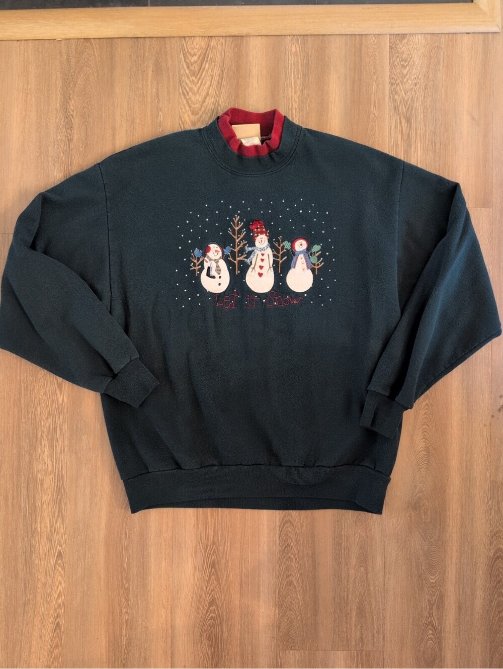Top Stitch Green Snowman Christmas Sweatshirt Winter Scene Collared VTG L Hearts